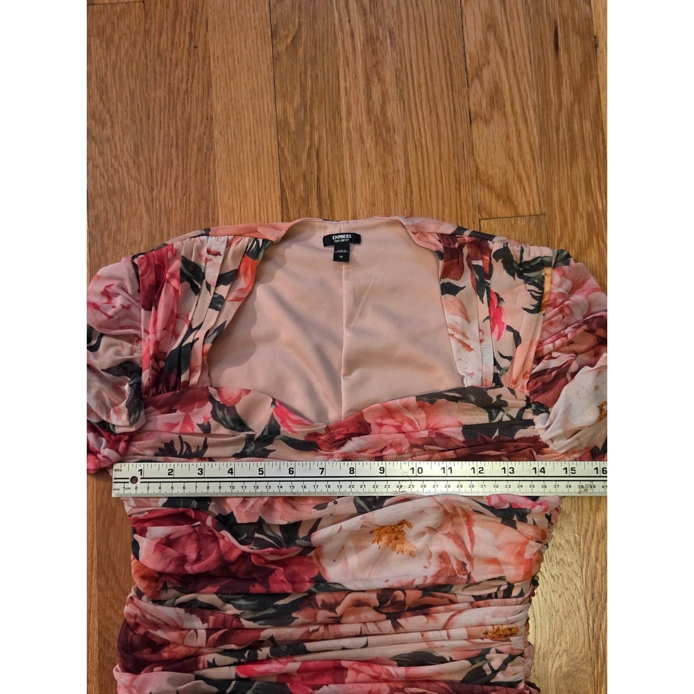Express Bodycon Floral Ruched Mesh Sweetheart Neck Long Sleeve Top Pink Sz M - Picture 10 of 13
